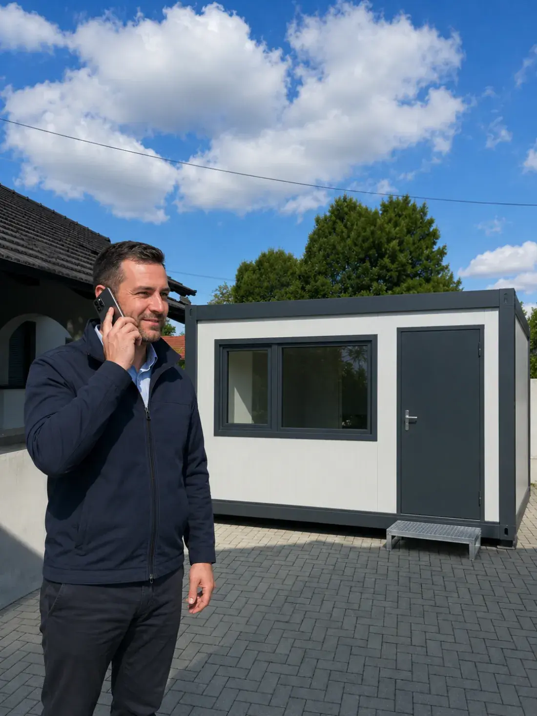 Prodajni predstavnik EKO BOX-a na telefonu ispred uredskog kontejnera