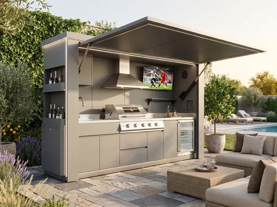 Outdoor kuhinja EKO BOX otvorena u vrtu, s roštiljem i TV-om