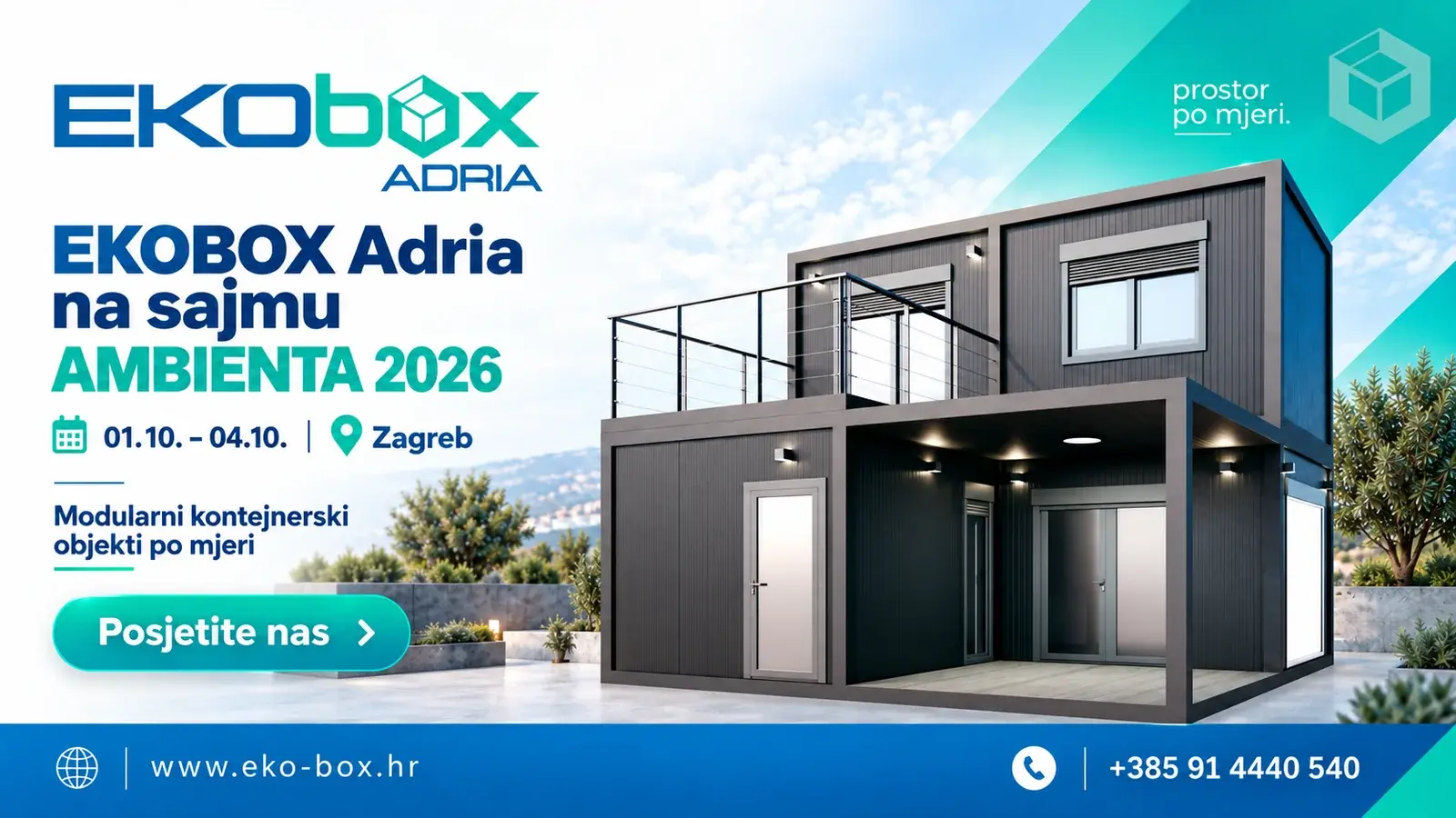 Najava nastupa EKOBOX Adria na sajmu Ambienta 2026 u Zagrebu od 1. do 4. listopada, s dvoetažnim modularnim kontejnerskim objektom